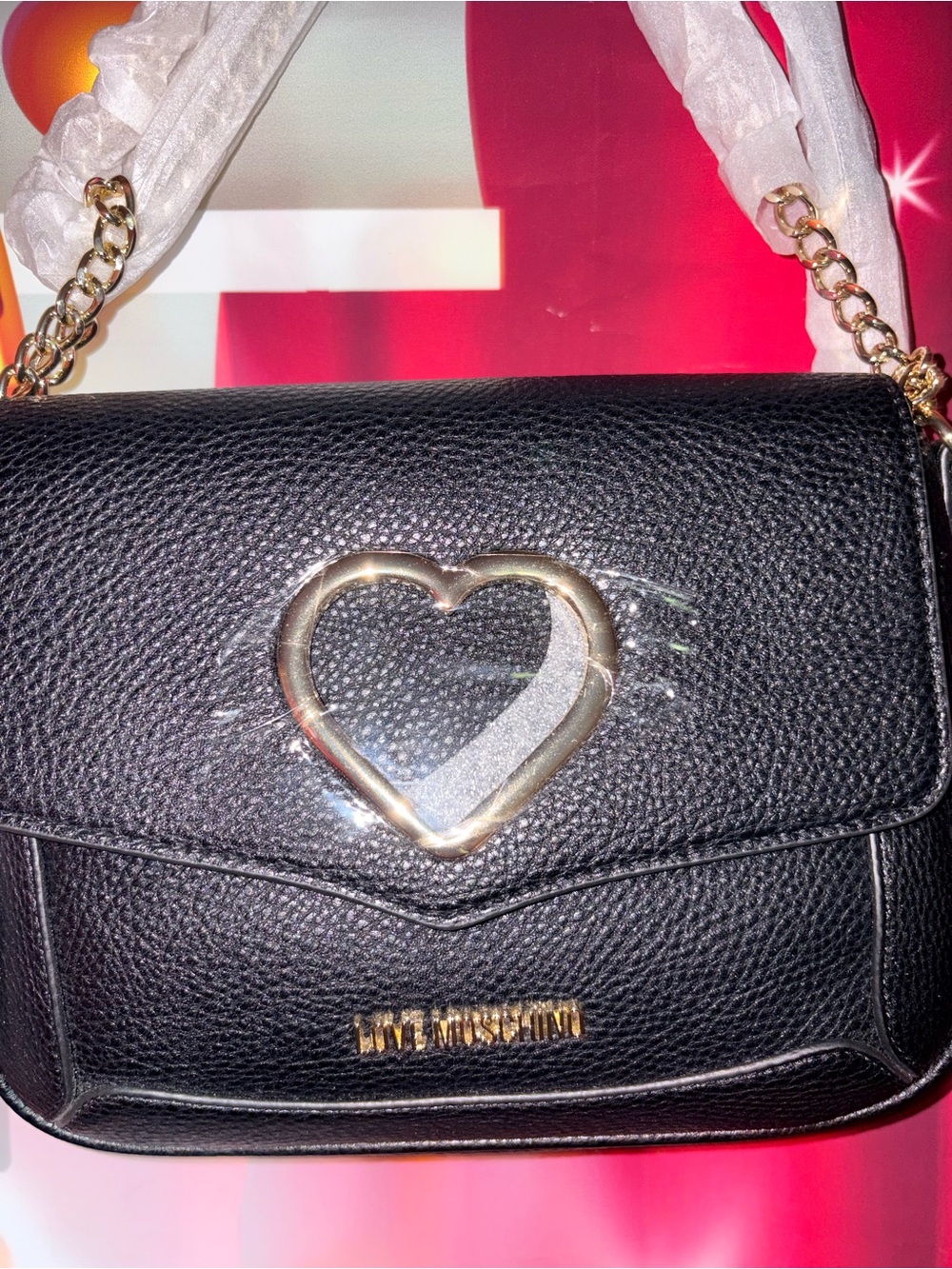 Love Moschino Black Pebbled Leather Crossbody with Gold Heart